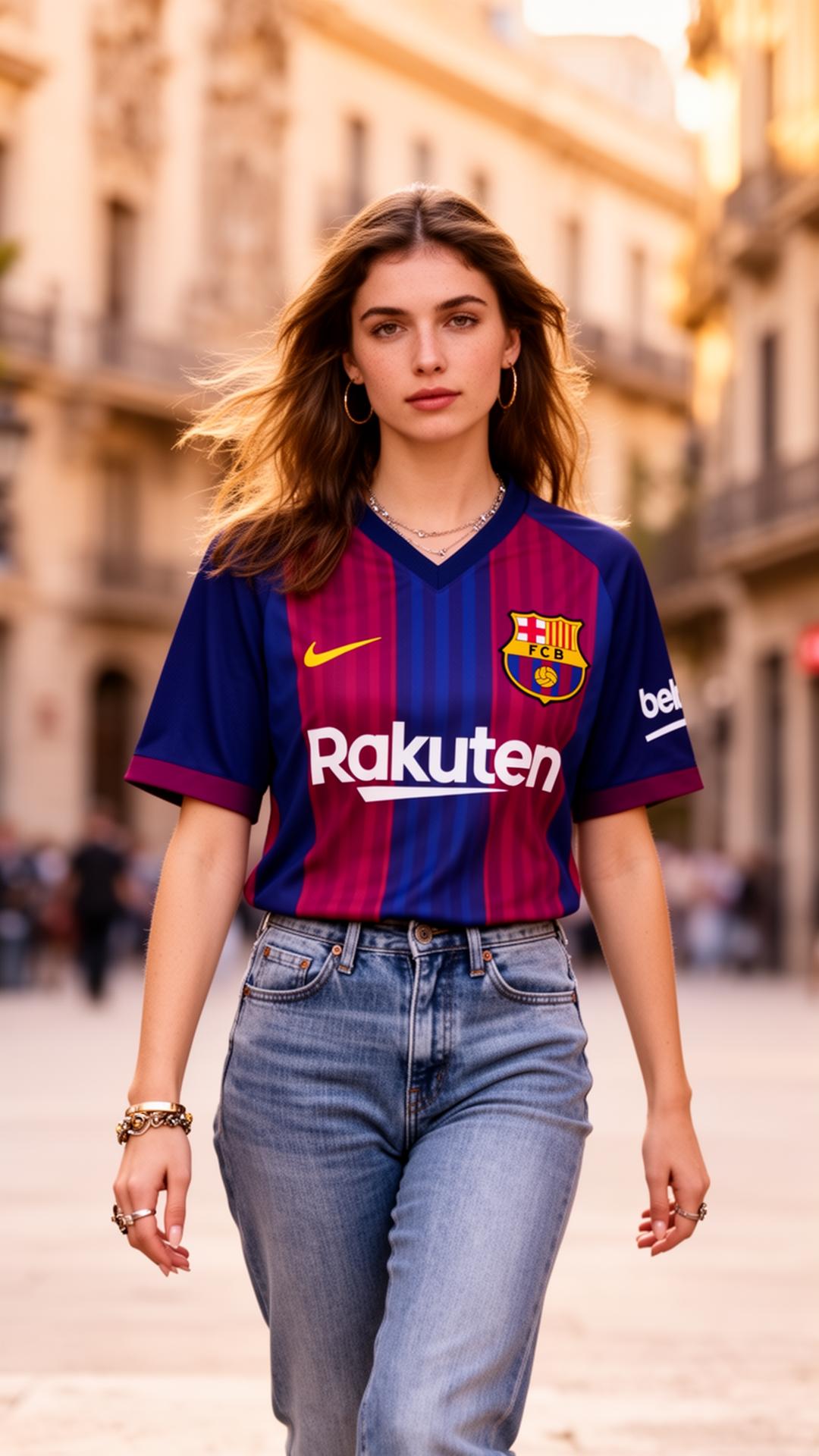 Chica con camiseta del FC Barcelona caminando por Barcelona